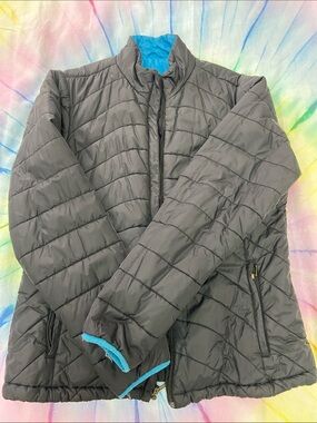 Lands' End Women's Quilted Ski Jacket - Charcoal with Blue Lining